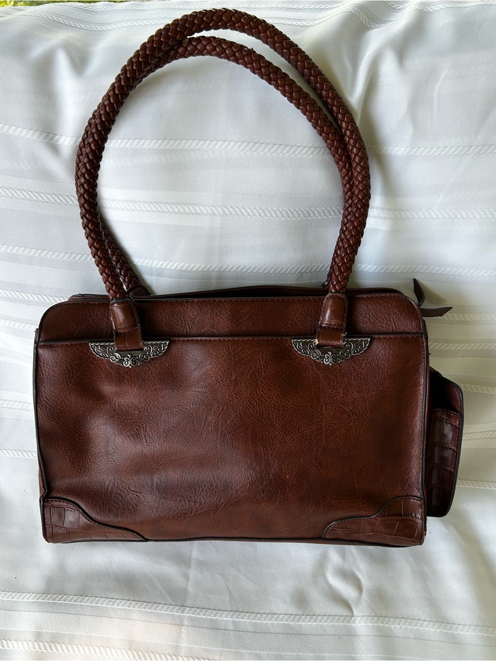 Bueno Mixed Media Satchel Handbag Brown Vegan Leather Weatern Metal Accents